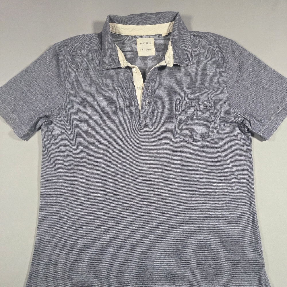 Billy Reid Men's Heather Blue Striped Polo Shirt with Chest Pocket Size XL